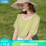 艾蓓怡（I BELIEVE YOU）綠色法式花邊v領(lǐng)泡泡短袖T恤女針織上衣2024夏季新款洋氣正肩顯瘦 櫻草綠 M