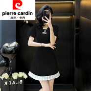 皮爾卡丹（pierre cardin）赫小本香風(fēng)法式名媛時(shí)尚氣質(zhì)短袖荷葉邊連衣裙洋氣少女小禮服 黑色原版 S