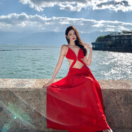 性感深V露背吊帶連衣裙夏天女2025年新款三亞海邊度假拍照沙灘裙 紅色 S