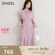 SNIDEL秋冬甜美淑女荷葉邊收腰百褶印花連衣裙SWFO244316 粉米色 M （1）