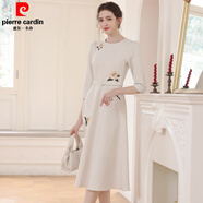 皮爾卡丹（pierre cardin）法式泡泡袖收腰顯瘦連衣裙2025春季新款重工繡花米白色裙子女 米白色 L