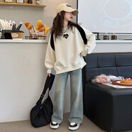 女童秋裝衛(wèi)衣套裝2025新款秋季洋氣大童春秋款上衣兒童女孩衣服 杏色上衣+褲子 150