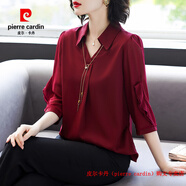 皮爾卡丹（pierre cardin）中年媽媽秋裝套裝洋氣喜婆婆婚宴禮服中老年女裝真絲長(zhǎng)袖t恤襯衫 酒紅色 L