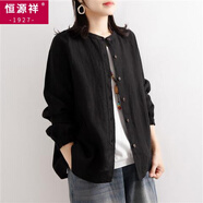恒源祥文藝復古春秋季棉麻襯衫女寬松圓領(lǐng)襯衣外套休閑外套收口袖上衣女 黑色 XL 116-130斤
