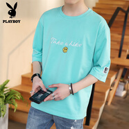 花花公子（PLAYBOY）夏季7分七分袖短袖T恤男潮流寬松6六分半袖港風(fēng)5五分中袖體恤 藍(lán)色 M (90-115斤)