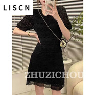 LISCN連衣裙女夏季小香風(fēng)設(shè)計(jì)感小眾氣質(zhì)顯瘦法式蕾絲裙子收臀中長新款 黑色短款 L