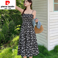 皮爾卡丹（pierre cardin）歐洲站小香風短袖牛仔外套+中長款雪紡碎花吊帶連衣裙套裝女夏潮 單件黑碎花裙 M 【80-100斤】