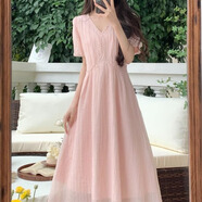 御姐風(fēng)連衣裙收腰顯瘦長(zhǎng)款法式復(fù)古高級(jí)感收腰顯瘦淑女連衣裙夏季 粉紅色 M[建議80-100斤] 均碼