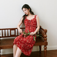 apos紅石榴紅色碎花度假吊帶連衣裙25夏新款荷葉邊魚(yú)尾裙 紅色連衣裙 S S15580A