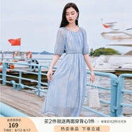 香影溫柔風(fēng)粉色連衣裙女2025夏季新款超好看五分袖海邊度假沙灘裙 藍(lán)色 XL