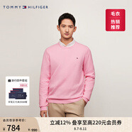 TOMMY HILFIGER【柔軟純棉】25秋冬男撞色條紋學院風針織衫/情侶款純色毛衣 【簡約合身毛衣】粉色IYI L （推薦：150-165斤）