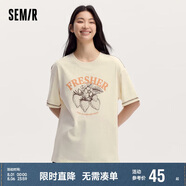 森馬短袖T恤女中長款明線上衣夏寬松印花套頭衫小眾107424100018