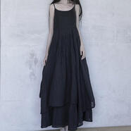 LMVXRM復(fù)古文藝棉麻吊帶長裙夏季沙灘寬松森女系氣質(zhì)連衣裙 黑色 M 105-112