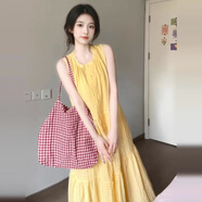 棉致法式甜美度假風(fēng)連衣裙女夏季2025新款寬松感慵懶風(fēng)A字長裙 黃色 L 建議110-125斤