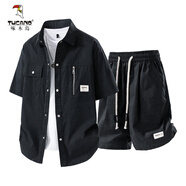 啄木鳥(niǎo)（TUCANO）夏季運動(dòng)休閑套裝男士冰絲薄款扎染短袖短褲一套搭配帥氣潮牌衣服 502啞光黑套裝 【短袖+短褲】 M 【90-120斤】