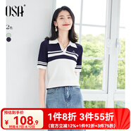 歐莎（OSA）美式復(fù)古撞色條紋Polo針織衫女夏季新款別致顯瘦翻領(lǐng)薄款T恤上衣 藏藍(lán)色 XS