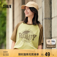 森馬短袖T恤女中長款寬松插肩袖夏季字母套頭衫復古107424100007