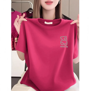 貝雅茜純棉正肩短袖t恤女2025夏季新款寬松上衣顯瘦大碼圓領(lǐng)印花打底衫 T-玫紅色【comeoh熊】?jì)?yōu)質(zhì)純棉 XL (建議120-140斤)