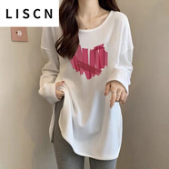 LISCN白色長(cháng)袖t恤女秋冬2023新款寬松內搭打底衫獨特超好看中長(cháng)款上衣 白色[T01#拼貼紅心] M 85-100斤