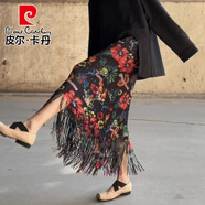 皮爾卡丹（pierre cardin）三宅彩色印花半身裙女中長款春秋薄款百搭顯瘦包臀直筒半裙褶皺裙 紅花流蘇半裙 F1 均碼