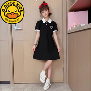 G.DUCKKIDS女童連衣裙夏款2024新款小女孩蕾絲領純棉公主裙透氣飛袖學院風裙 黑色連衣裙 絲光棉 150 cm適合140-150cm9-10歲
