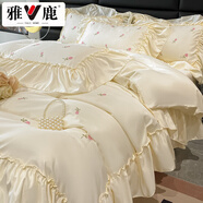 雅鹿A類(lèi)法式冰絲床上四件套夏季 公主少女風(fēng)荷葉花邊床單被套床笠套件 花影仙蹤-奶昔白 1.8m 床單款 四件套-被套200x230cm