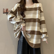 冉藝嵐同款美式復(fù)古條紋薄款衛(wèi)衣女款2025新款秋季顯瘦胖mm遮肚寬松學(xué)生 卡其色 M 建議80-100斤