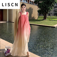 LISCN連衣裙女三亞旅游拍照沙灘裙粉色漸變吊帶夏海邊度假雪紡長(cháng)裙超仙 漸變粉 S 80-100斤