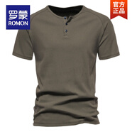 羅蒙（ROMON）歐美簡約亨利領短袖T恤男復古棉質(zhì)運動健身打底衫個性彈力體恤潮 軍綠色 M 【90 115斤】