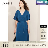 AMII七夕禮物2025夏極簡(jiǎn)輕奢緞面V領(lǐng)雙排扣微彈中長(zhǎng)配腰帶連衣裙女 午夜藍(lán) 155/80A/S