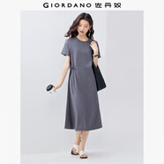 佐丹奴裙子女夏季純色極簡風側腰帶圓領短袖連衣裙女05465485