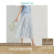 茵曼垂感花卉2025夏季女裝新款寬松大擺a字傘裙 湖水藍色花-半身裙 XL