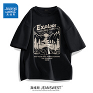 真維斯（Jeanswest）歐美潮牌短袖t恤男夏季純棉衣服大碼森系學(xué)生oversize時尚文化衫 黑色（大叢林探險） L (175) (收藏加購優(yōu)先發(fā))