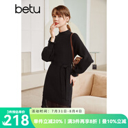 betu百圖女裝網(wǎng)紗拼接小高領(lǐng)木耳邊燈籠袖針織連衣裙女2110T69 黑色 M