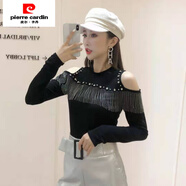 皮爾卡丹（pierre cardin）長(cháng)袖t恤女2025秋冬新款歐洲站重工流蘇露肩歐貨半高領(lǐng)打底衫上衣 黑色 S