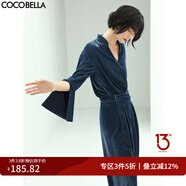 COCOBELLA設(shè)計(jì)感高腰打褶絲絨闊腿褲女寬松遮胯休閑褲PA538 藍(lán)色 S