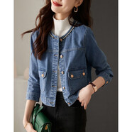俞兆林（YUZHAOLIN）通勤百搭牛仔上衣2025秋新款簡(jiǎn)約氣質(zhì)織帶拼接圓領(lǐng)外套女 藍色 M 【105-115斤】