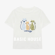 Basic House/百家好可愛貓咪設計感休閑風夏季新款套頭短袖針織衫 白色 L