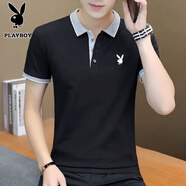 花花公子（PLAYBOY）短袖T恤男商務(wù)休閑保羅衫夏季POLO領(lǐng)上衣中青年修身透氣純色 T125黑色 L (115-130斤)