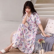 iosn新款棉綢中袖睡裙女加長(cháng)到腳踝寬松款春秋夏季可外穿大碼連衣裙子 sy8666長(cháng)裙-淺紫水墨花 均碼 大碼裙長(cháng)120