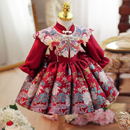 霖貝熊抓周衣服周歲禮服男女寶寶中式唐裝旗袍嬰兒生日宴紅色國風(fēng)公主裙 花開富貴長袖+云肩 春秋 80 20斤以下