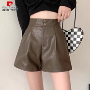 皮爾卡丹咖色皮褲短褲女秋季外穿靴褲2025新款小個(gè)子高腰顯瘦A字闊腿褲 咖色 XS