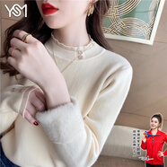 翊尚美毛衣女冬新款春秋季半高領(lǐng)針織衫女士打底衫修身顯瘦蕾絲內(nèi)搭上衣 【冬季加絨款】杏色 M 【90-115斤】