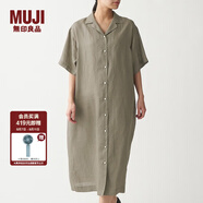 無(wú)印良品 MUJI 女式 法國亞麻水洗 五分袖開(kāi)襟連衣裙 BCL08C0S 深咖啡色 M-L