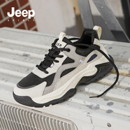 JEEP SPIRIT吉普高幫鞋子男鞋春秋季2025新款加絨保暖棉鞋休閑男士潮流老爹鞋 石墨黑月塵灰【皮面款】 J913970187-2 42