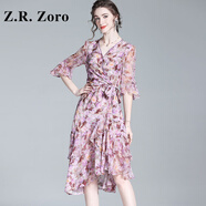 Z.R.Zoro奢侈品真絲連衣裙女2025夏季新款荷葉邊茶歇法式碎花裙桑蠶絲裙女 紫花 S