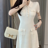 春夏經(jīng)典白色小香風(fēng)針織連衣裙收腰顯瘦鑲鉆螺紋A字中裙 白色 S