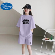 迪士尼（Disney）兒童套裝女童夏季2025新款中大童短袖T恤套裝夏裝潮牌兩件套6-12 紫色【min】純色套裝 150