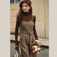 Olrain歐芮兒法式無(wú)袖吊帶連衣裙女秋冬復古收腰格子裙子 咖色 L