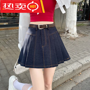 學(xué)院風(fēng)天絲牛仔百褶短裙小個(gè)子減齡春款A字半身裙 牛仔藍 S
